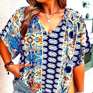 Orange/Blue Mid Length Sleeved Blouse